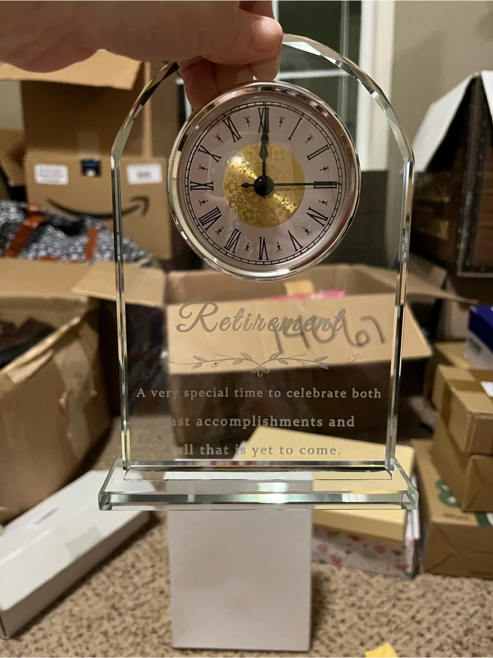 Clear Crystal Desk Clock with Gold Dial and Polished Cloth - Retirement quote